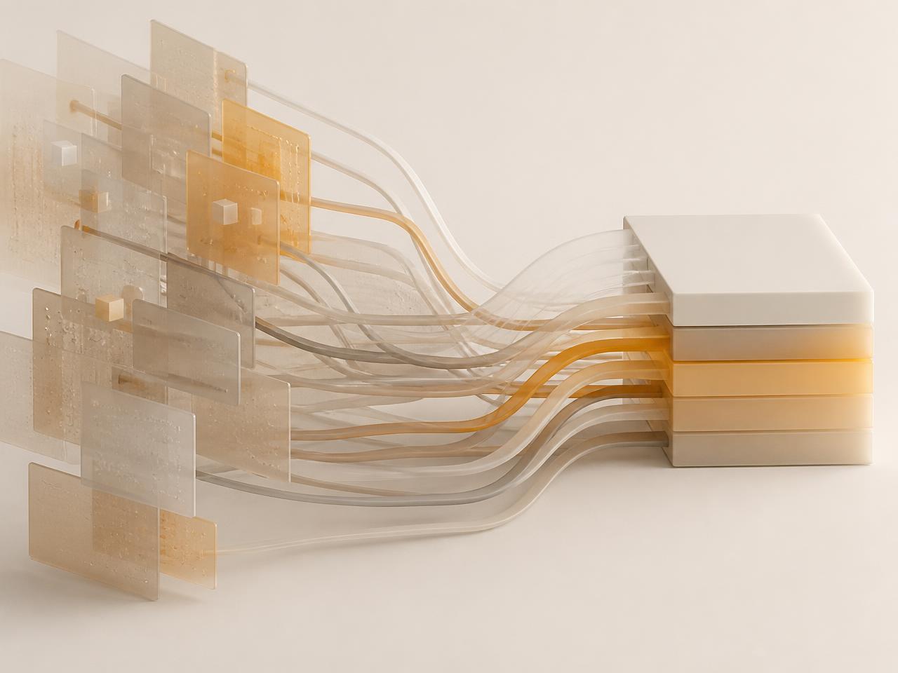 Abstracte 3D-render van datastromen die samenkomen in één gestructureerd fundament